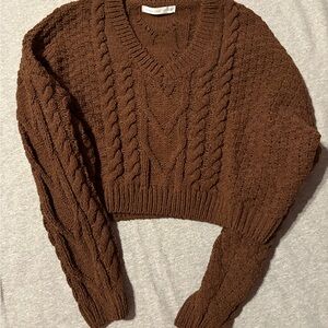 Altar'd State Chocolate V-Neck Cable Knit Sweater